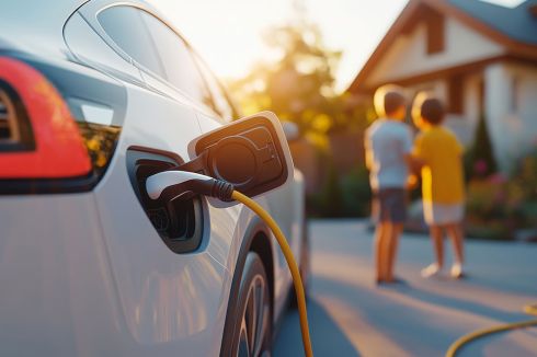 © Wild Dream - stock.adobe.com Foto: E-Auto wird aufgeladen im Hintergrund zwei Kinder